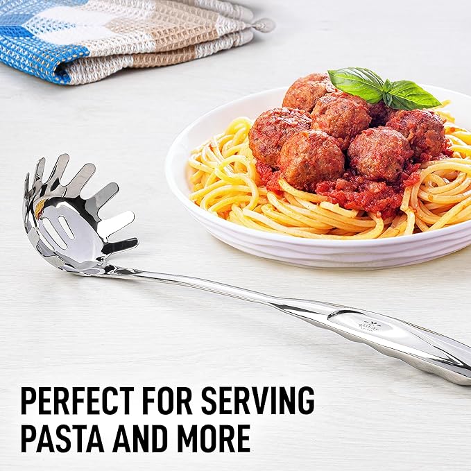 Zulay Kitchen Stainless Steel Pasta Spoon - 12” Spaghetti Server with Teeth & Draining Holes - Rust-Resistant Pasta Fork for Noodles & Pasta - Dishwasher Safe Utensil for Everyday Use