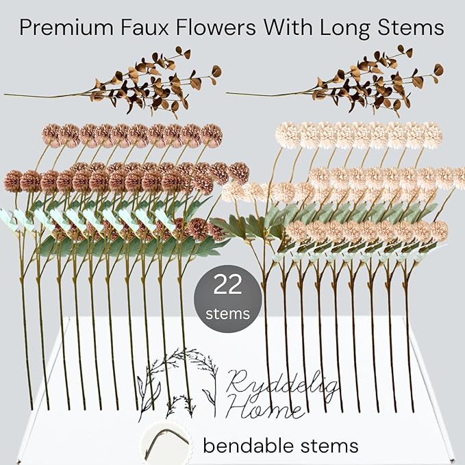 22pcs Artificial Beige & Brown Kiku Flowers with Eucalyptus Stems Bulk, Faux Silk Mum Pom Poms for Vase, Modern Farmhouse Boho Home Decor, Realistic Floral Centerpiece for Kitchen & Living Room