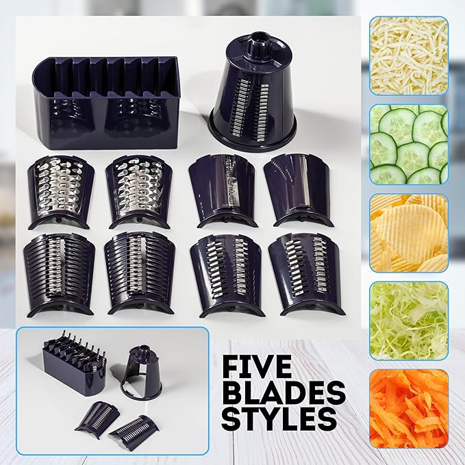 5-in-1 Rotary Cheese Grater with Handle – Stainless Steel Blades, Vegetable Slicer & Shredder, Nut Grinder, Carrot & Cabbage Grater, Easy-to-Clean Kitchen Tool (Purple)