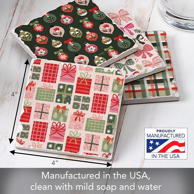 Thirstystone Christmas Joy 4 Pack Assorted Tumbled Tile Stone Coasters with Protective Cork Backing 4" Square Manufactured in the USA