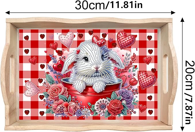 BAYUNOE DIY Diamond Serving Tray Rectangular Breakfast Tray with Handle Handmade Diamond Art Painting Wooden Tray Valentine's Day Red Plaid Dinner Plate Coffee Room Living Home Organizer-Rabbit