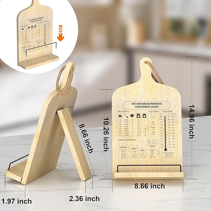 Bamboo Cookbook Stand, Adjustable Cookbook Holder Stand, Recipe Book Holder with Measurement Conversion Chart, Cook Book Stand for Kitchen Counter, Essential Accessories Gifts for Bakers Women