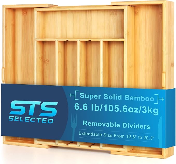 Bamboo Expandable Drawer Silverware Organizer (12.6-20.5") | 3 removable dividers,5 tracks for custom storage. Multi-use for utensils, stationery, tools. Durable bamboo, wipe clean