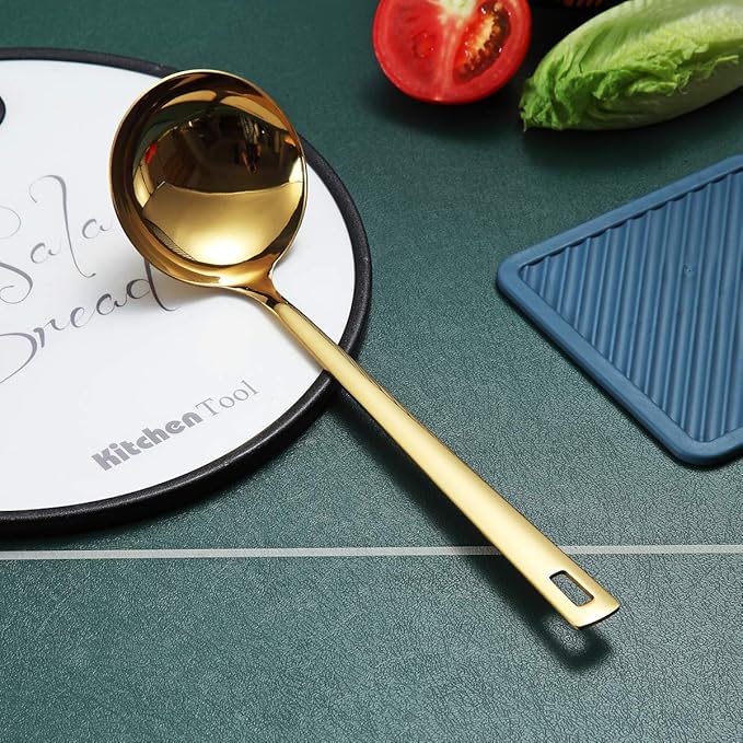 Gold Ladle, Berglander Stainless Steel Kitchen Ladle With Titainium Gold Plating, Soup Ladle, Cooking Ladle, Metal Soup Spoon For Cooking, Dishwasher Safe, Easy to Clean