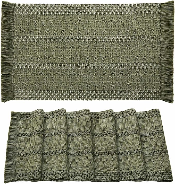 ZeeMart Macrame Style Boho Placemats Set of 6, Moss 12x20 Inch | Decorative Farmhouse Table Mats, Natural Cotton Woven Place Mats, Bohemian Home Decor for Kitchen Dining Table
