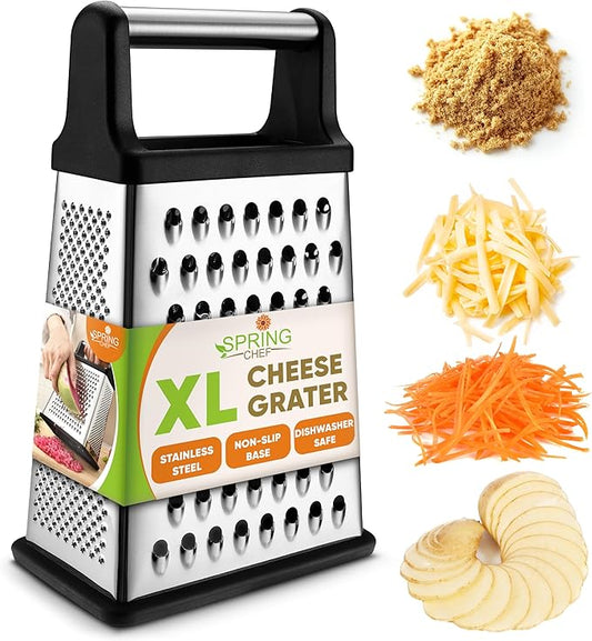 Spring Chef Professional Cheese Grater - Stainless Steel, XL Size, 4 Sides - Perfect Box Grater for Parmesan Cheese, Vegetables, Ginger - Dishwasher Safe - Black