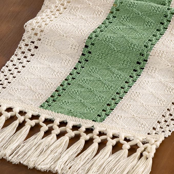 Boho Woven Cotton Linen Table Runner Sage & Ivory 11"x60" with Tassels Rustic Macrame Farmhouse Table Runner Summer Decor for Dining Room Wedding Kitchen Party