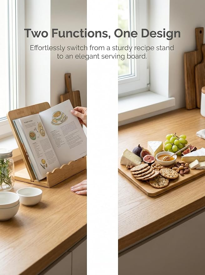 Bamboo Wood Cookbook Stand for Kitchen Counter, Detachable Serving Tray | 2-in-1 Recipe Stand & Serving Tray, Holds 11.8" Cookbooks & 3" Thick Books/Tablets, Bamboo Wood, Detachable for Easy Storage