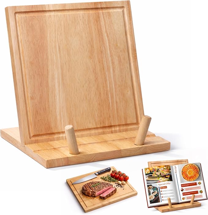 Wooden Cookbook Stand & Cutting Board, 3-in-1 Recipe Book Holder & Tablet Stand with Detachable Boards, Serving Tray, Juice Groove for Kitchen Counter