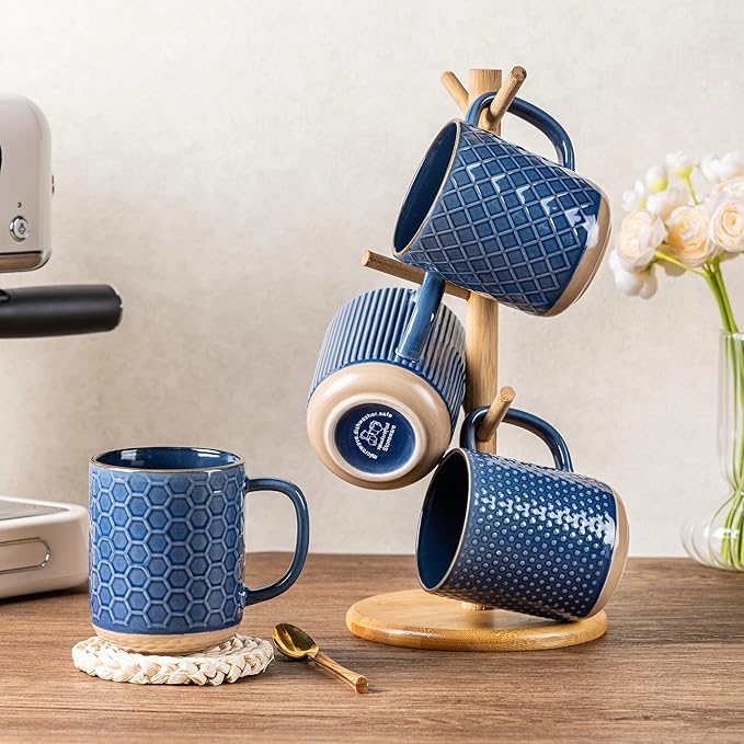 GBhome Stoneware Coffee Mugs Set of 4, 12oz Handmade Ceramic Coffee Mugs Set with Large Handle for Cappuccino/Latte/Tea/Hot Cocoa, Dishwasher & Microwave Safe, Moonlight Blue