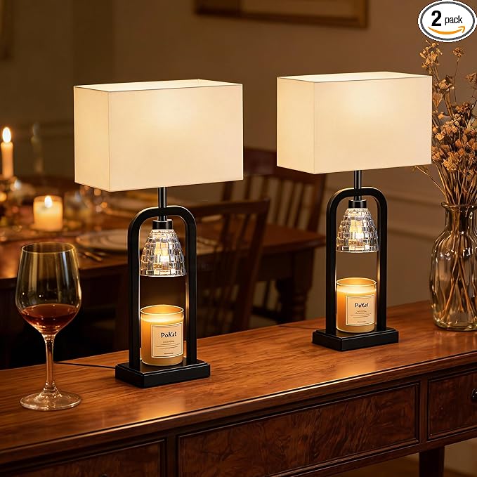 PoKat Electric Candle Warmer Lamps Gold, Lamp Candle Warmers with Timer Dimmer, Wax Light Warming Table Lamps Set of 2 for Jar Candles, Modern Bedside Lamp for Home Decor Living Room, Bulb Included