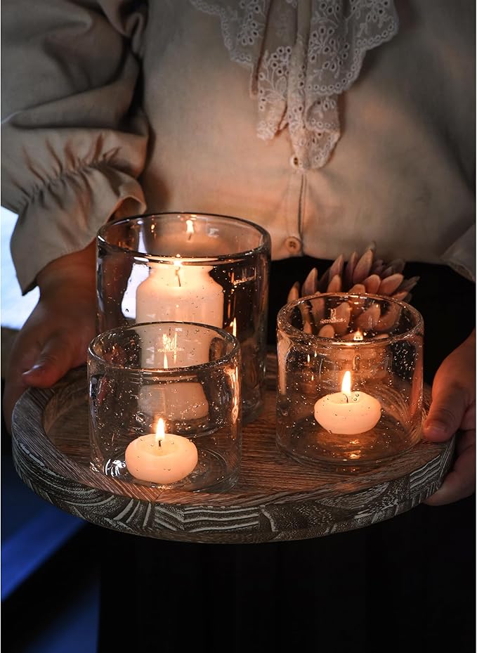 Glass Candle Holder Set 3 Clear Seeded Bubbles Modern Farmhouse Centerpieces Coffee Table Rustic Hurricane Cylinders Pillar Votive Tealight