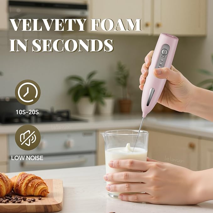 Electric Milk Frother, Three speed adjustment, USB Rechargeable Cordless Hand Blender with Sticky Stand Included, Portable Kitchen Stainless Steel Egg Beater, Mixed Drinks, Coffee Stirrers (Pink)