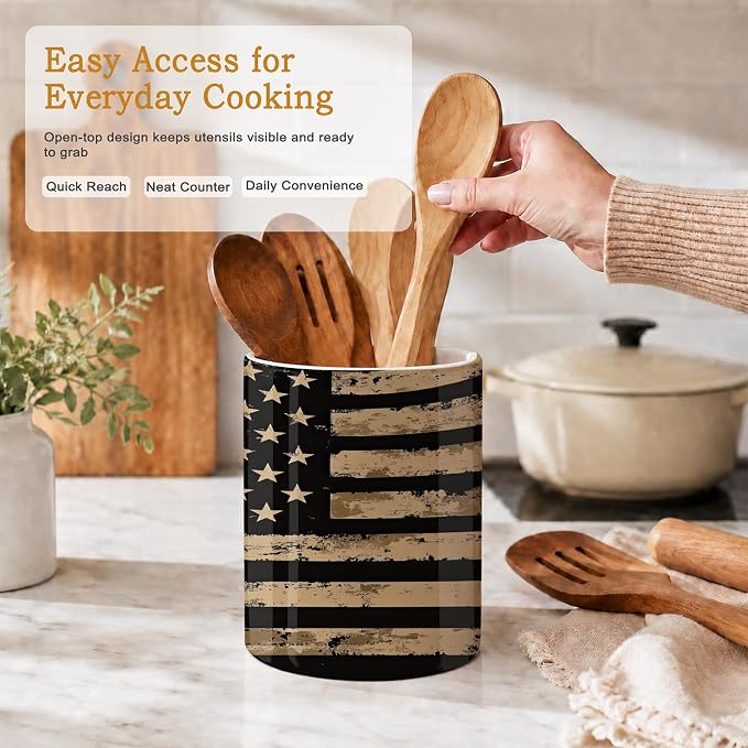 Kitchen Utensil Holder,Retro Flag Ceramic Utensil Crock for Countertop,Cooking Tools Storage jar for Spatulas and Spoons,Housewarming Gifts 6.3"