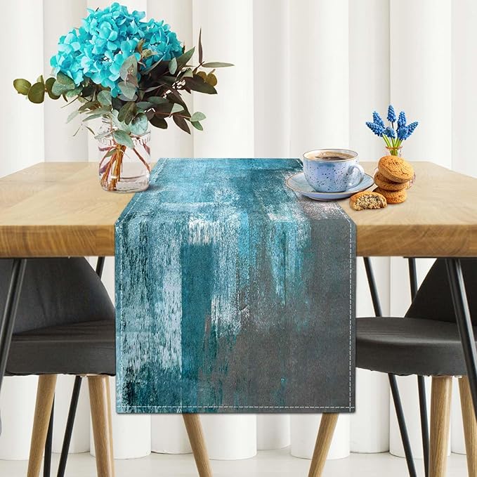Table Runner Modern Abstract Art Painting Linen Dresser Runner Rustic Farmhouse Style Table Decor for Kitchen Dining Wedding Coffee Home Party (Teal, 13"x 71")
