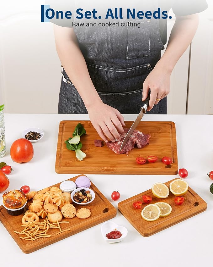 Garvee Deep-Carbonized Bamboo Cutting Board Set of 3 - cutting board set with Handle, Bamboo Cutting Boards for Kitchen, Heavy Duty chopping board with deep juicy groove 15x10, 12x8, 9x6 inch