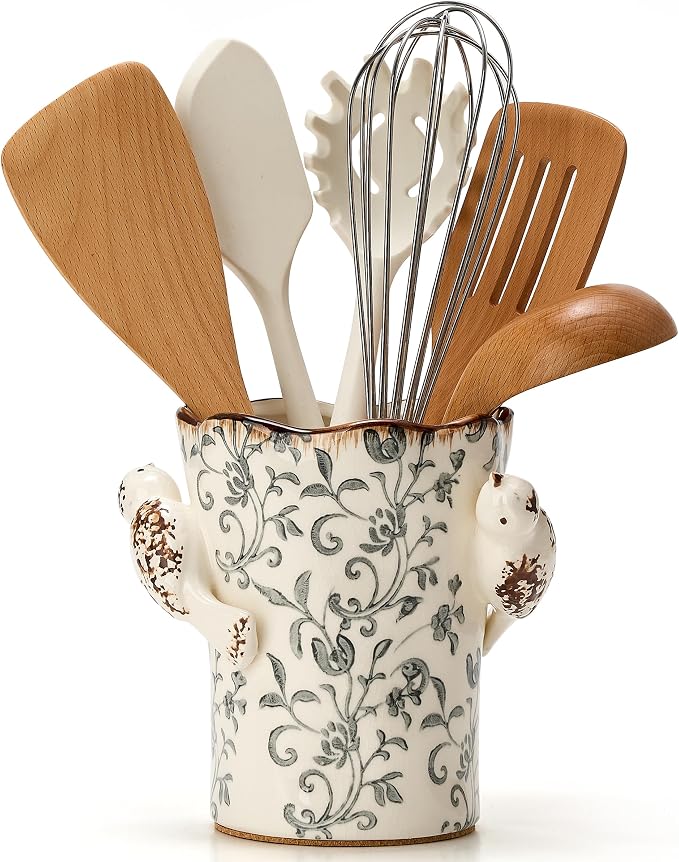 6.34'H Utensil Holder for Kitchen Counter, Modern Farmhouse Cooking Utensil Holder and Crock Home Kitchen Decor, Ceramic Utensil Organizer for Spatula, Ladle, Rolling Pin- Gray Flower Patterns