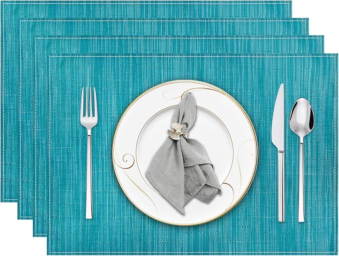 Niviy Teal Blue Placemats Set of 4, 12x18 Inch Washable Easy to Clean Heat-Resistant Anti-Skid Teal Blue Placemats for Holiday Party Kitchen Dining Room Decoration