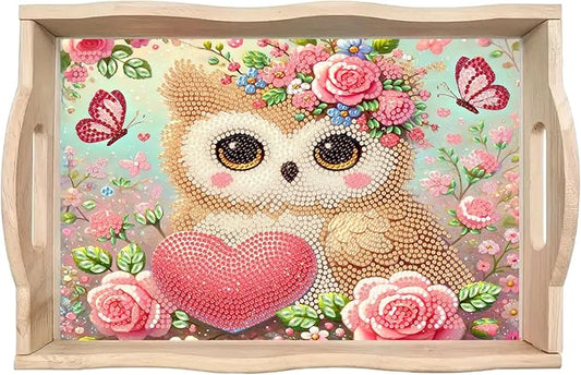 BAYUNOE DIY Diamond Serving Tray Rectangular Breakfast Tray with Handle Handmade Diamond Art Painting Wooden Tray Spring Creative Dinner Plate Coffee Room Living Home Organizer-Owl02