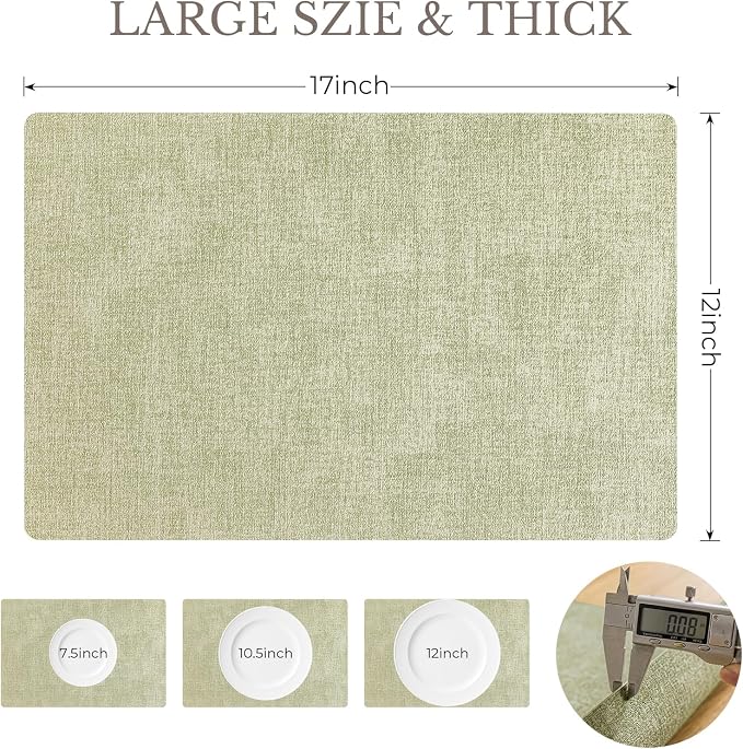 Romanstile Vinyl Placemats Set of 6-12 X 17 Inch - Faux Leather 100% Waterproof Wipeable Anti Slip Place Mats, Heat Resistant Reversible PU Table Mats for Kitchen Dining Party Outdoor, Grass Green