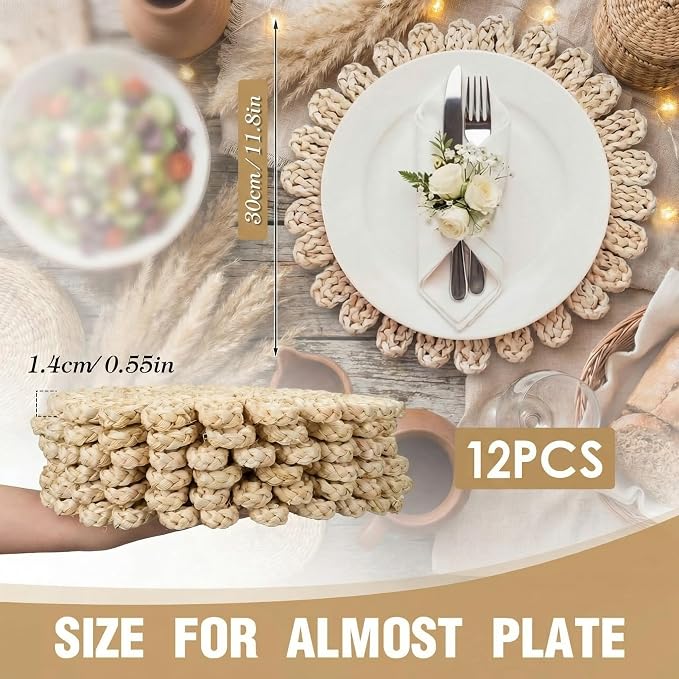 Set of 12 Ruffled Woven Corn Husk Placemats 11.8'' Boho Farmhouse Placemats for Tabletop Decor Elegant Dining Wedding Christmas Thanksgiving Day Holiday Dinner Party Housewarming Gifts Daily