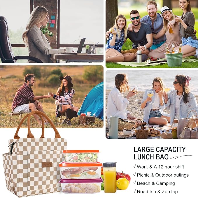 Joymee Lunch Bag Women, Reusable Leakproof Cooler Tote - Checker Brown | Spacious Storage, Bottle Holder & Pockets, Leakproof Insulated, for Work, Travel, Picnic, Daily Use, for Adult