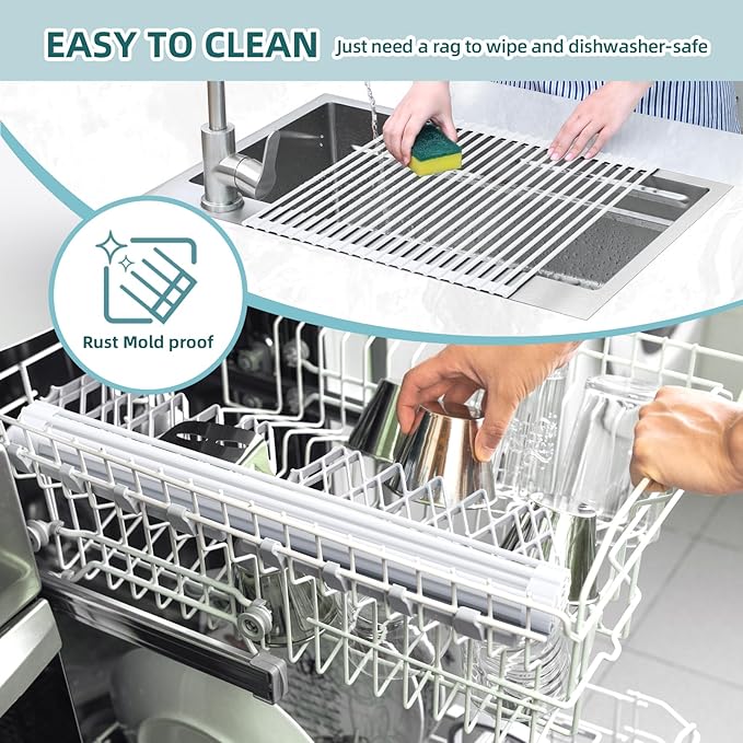 Ohuhu Over Sink Dish Drying Rack, 17.6" W x 15.4" L Roll Up Dish Racks Kitchen Sink Organizer Silicone Wrapped Large in Sink Dish Drying Rack Foldable Rolling Drain Mats Anti-Slip