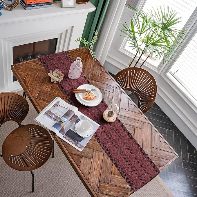 Macrame Table Runner Burgundy Boho Table Runners with Tassels Hand Woven Cotton Table Runner Rustic Farmhouse Table Runners for Bohemian Kitchen Dining Table(12x71in)