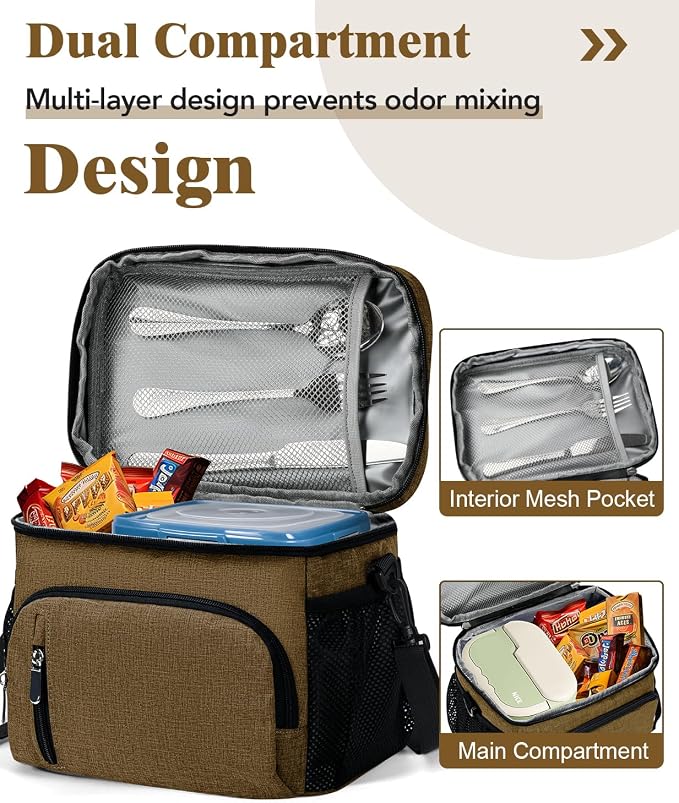 Insulated Lunch Bag for Men & Women, 9L Leakproof Lunch Box Soft Cooler Tote with 5 Pockets, 600D Oxford, EVA Lining, Adjustable Strap for Work, Picnic, Beach&Travel-Coffee