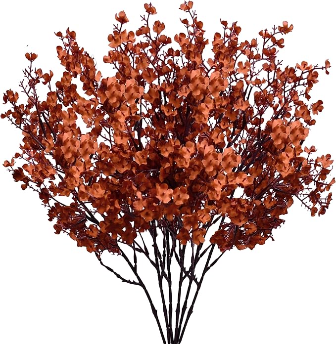Mandy's Burnt Orange Artificial Baby’s Breath Flowers 6 Bundles Silk Gypsophila, 18.5 Inch European Style Modern Home Decor Centerpiece, Neutral Wedding Flower Arrangements