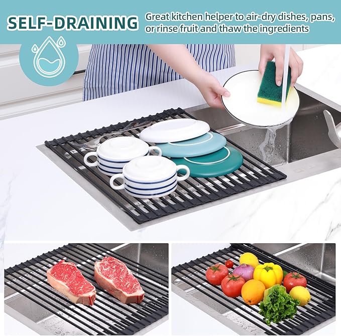Ohuhu Roll Up Dish Racks, 16.5" L x 13" W Over The Sink Dish Drainer Drying Rack Kitchen Sink Organizer Silicone Wrapped Large in Sink Dish Drying Rack Foldable Rolling Drain Mats Anti-Slip