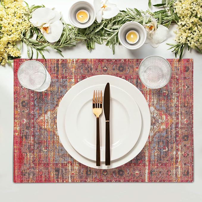 Rust Red Ethnic Boho Placemats Set of 4 Bohemian Carpet Vintage Linen Washable Kitchen Dining Southwestern Table Mats Stain Heat-Resistant Desktop Decor Place Mats for Home Party Indoor 12x18 in