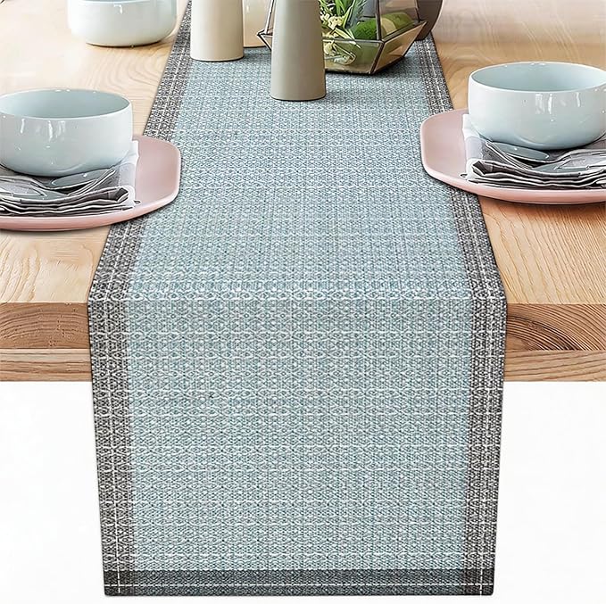 Niviy Blue Grey Ethnic Boho Table Runner, 12x72 Inch Linen Burlap Washable Durable Art Table Runners for Holiday Party Kitchen Dining Room Decoration