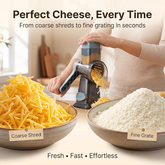 Rotary Cheese Grater Hand Crank, Cheese Shredder Stainless Steel with 3 Interchangeable Blades, Manual Food Grater and Shredder, Potato Shredder, Vegetable Cutter, Countertop Suction Base