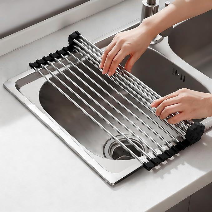 NEZUIBAN Dish Drying Rack with Roll Up and Over Sink for Kitchen,17.5"x11.8",Black