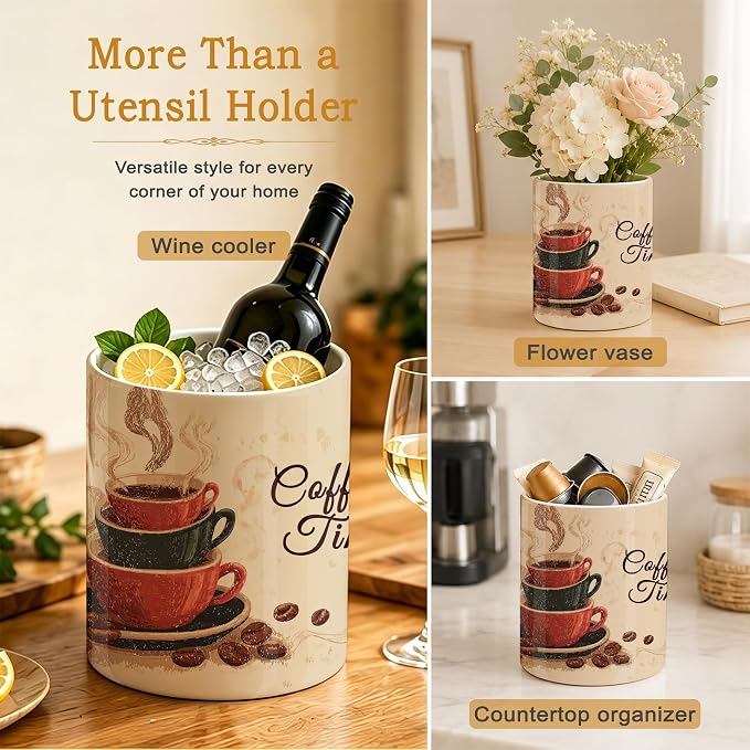 Kitchen Utensil Holder,Vintage Coffee Large Ceramic Utensil Crock for Countertop,Cooking Utensil Organizer for Spatulas,Spoons