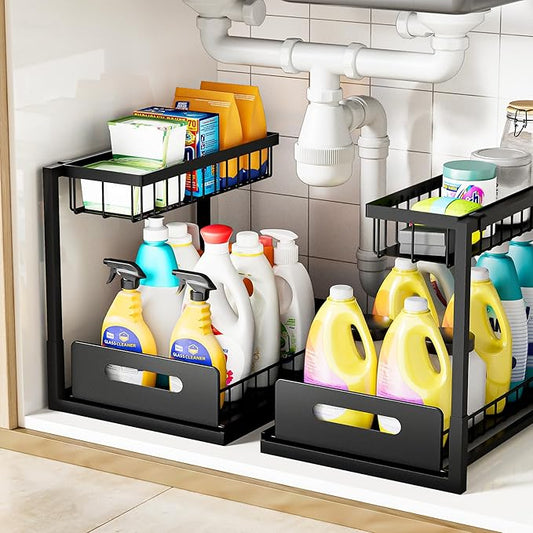 VUSIGN Under Kitchen Sink Organizer 2 Tier, Pull Out Bathroom Sink Organizers and Storage, Cabinet Kitchen Bathroom Storage Organization Shelf, 2 Pack Black