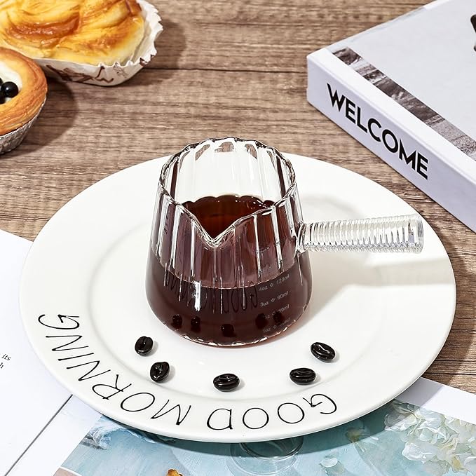 Koythin Glass Measuring Cups, Ribbed Espresso Shots Cup for Latte Cappuccino Milk, Minimalist Espresso Cups with V-Shaped Spout, Cute Coffee Bar Accessories with Glass Handle, 3 oz/180 ml (Tapered)