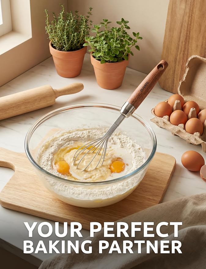 Dugato Mini Egg Whisk, 10 Inch Small Wire Whisk Stainless Steel with Wooden Handle, Narrow Metal Balloon Whisk for 1-Cup Measuring Cups, Kitchen Whisk for Scrambling Eggs and Small Sauces