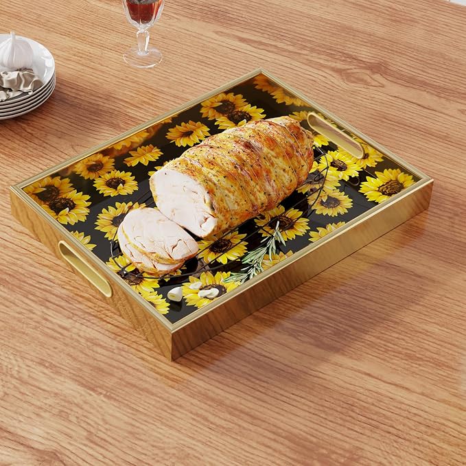 Sunflower Gold Decorative Tray Set of 2, Plastic Serving Tray with Handles, Rectangular Coffee Table Tray, Nesting Trays for Living Room, Bathroom, Ottoman