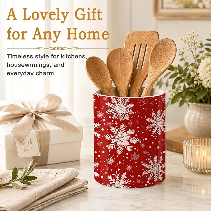 Snowflakes Kitchen Utensil Holder,Christmas Large Ceramic Utensil Crock Organizer for Spatulas,Spoons and Cooking Tools,Kitchen,Home Decoration 6.3"