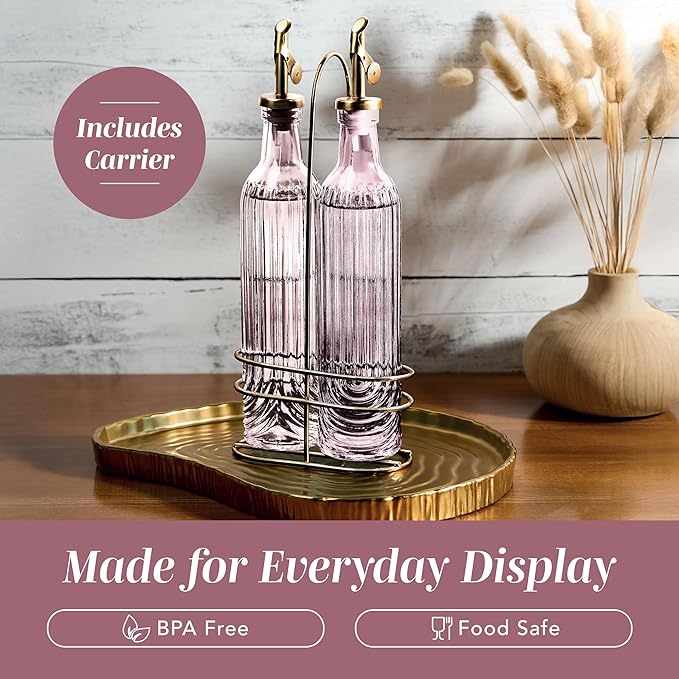 COOK WITH COLOR Glass Olive Oil Bottle Dispenser - 2 Pack- 17oz Oil and Vinegar Cruet - Olive Oil Carafe Decanter for Kitchen, Elegant Fluted, Pink