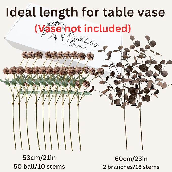 RyddeligHome Brown Mums Artificial Flowers, 10 Faux Mum Stems with 2 Eucalyptus Branches, Realistic Fall & Winter Floral Arrangement for Vases, Brown Centerpieces for Tables