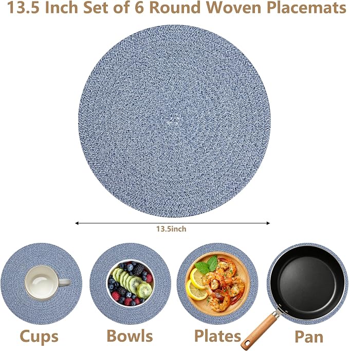 Round Woven Placemats Set of 6, 13.4 Inches Cotton Round Placemats, Heat Resistant Washable Table Mats for Indoor & Outdoor Dining Table Decor