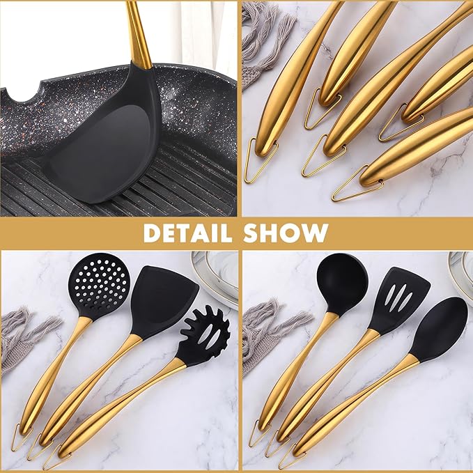 9Pcs Kitchen Utensil Set with Stainless Steel Handle (Gold)