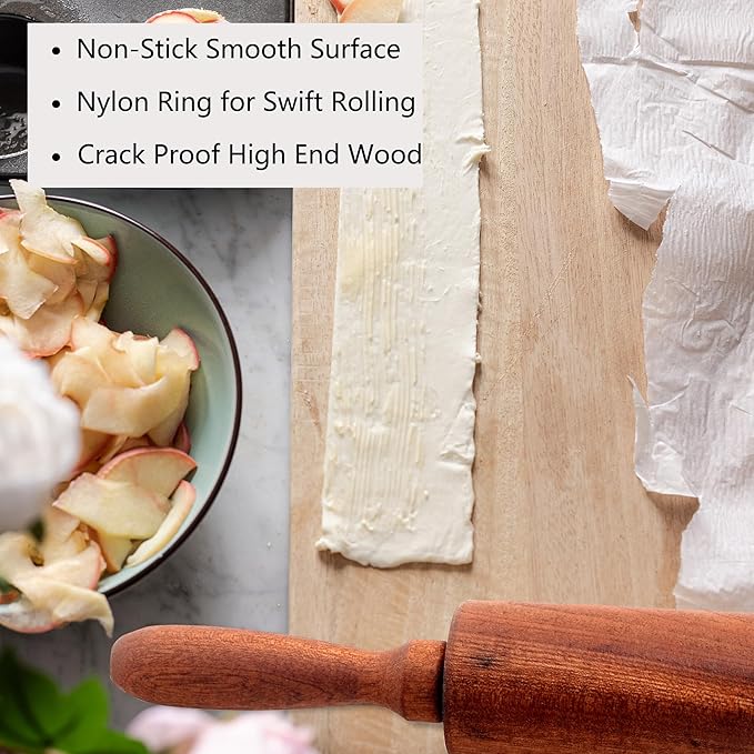 Classic Sapele Wooden Rolling Pin With Handles,Wood Baking Roller for Pizza, Pie, Bread, Pastry & Cookie Dough （17''L x 1.77"W)