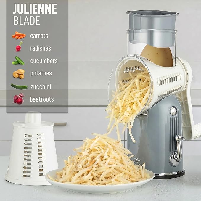 Zulay Kitchen Rotary Cheese Grater 5 Blade Cheese Shredder - Manual Hand Crank Cheese Grater With Reinforced Suction & 5 Interchangeable Drums - Easy to Use, Vegetable Chopper Round Mandoline Slicer