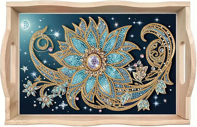 DIY Diamond Serving Tray Rectangular Wooden Breakfast Tray with Handle Handmade Diamond Art Painting Spring Creative Dinner Plate Coffee Room Living Home Organizer-Mandala02