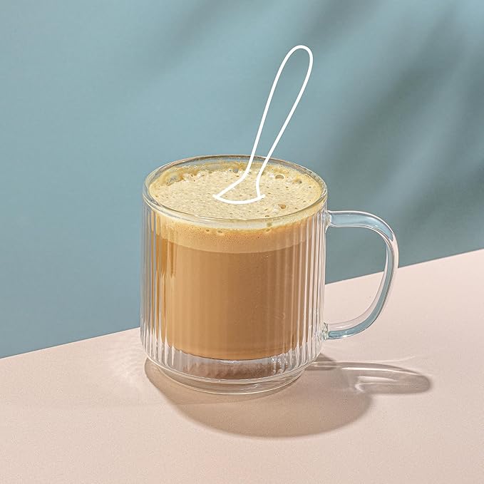 JoyJolt Haven Stackable Fluted Glass Mugs, Set of 2 Ribbed Double Wall Insulated Coffee Cups, 13.5oz Clear Mugs