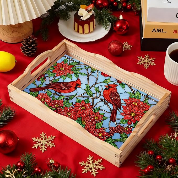 DIY Diamond Art Painting Serving Tray Creative Design Handmade Wooden Rectangular Snack Tray Dinner Plate Drill Craft for Coffee Living Room Home Organizer-Cardinal03